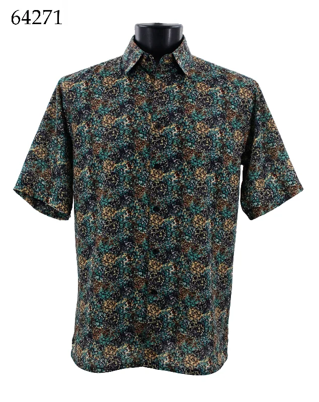 Bassiri Short Sleeve Button Down Casual Printed Men's Shirt - Abstract Pattern Sea Green #64271 Refined Men's European