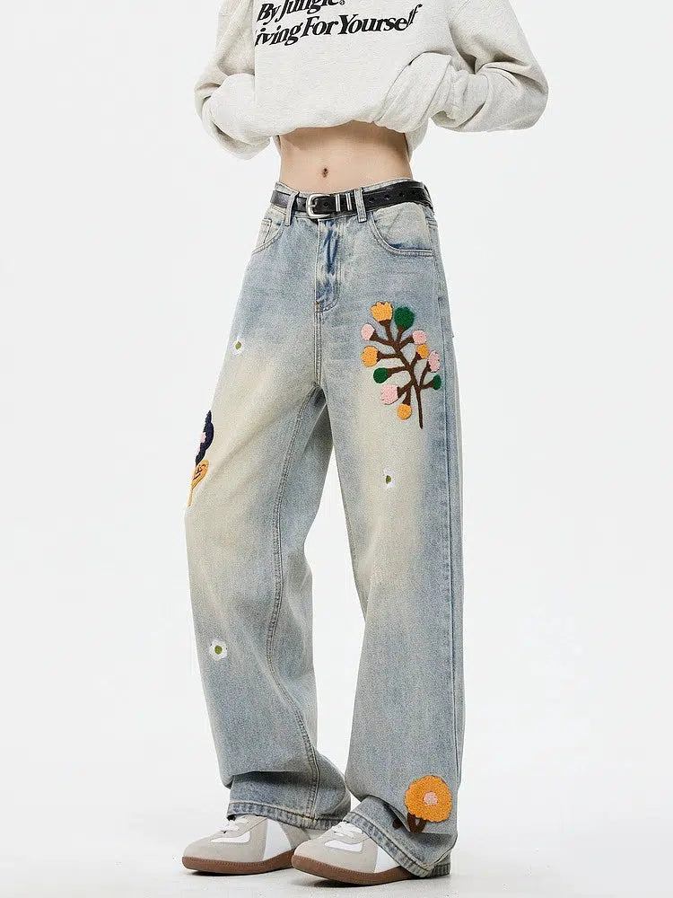 Embroidered Floral Straight-Leg Jeans Relaxed Men's Australian 