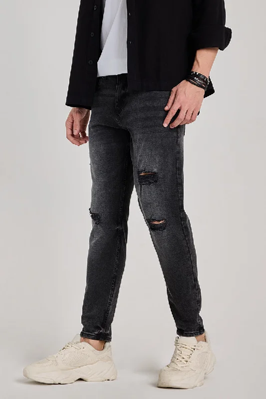 Charcoal Grey Distressed Tapered Fit Jeans Hip Men's Urban