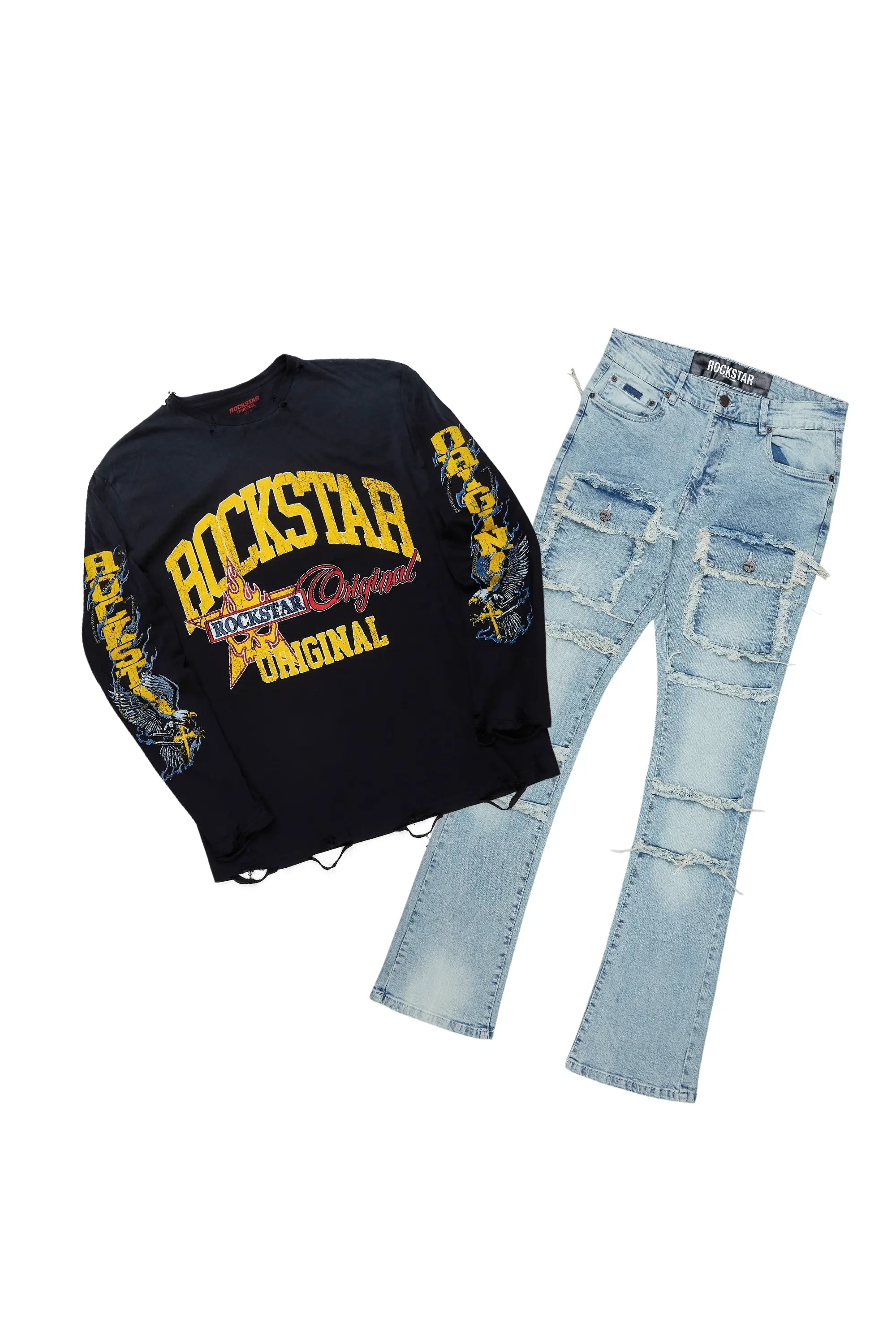 Eppy Black/Blue Long Sleeve T-Shirt/Stacked Flare Cargo Jean Bundle Vacation