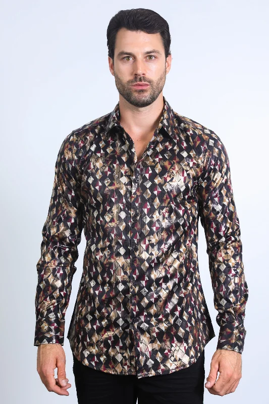 Mens Modern Fit Stretch Foil Fashion Black Shirt Hip Men's Urban