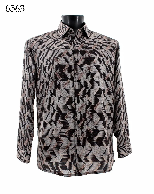 Bassiri Long Sleeve Button Down Casual Printed Men's Shirt - Vertical Zig Zag Pattern Gold #6563 Traditional Men's Wool