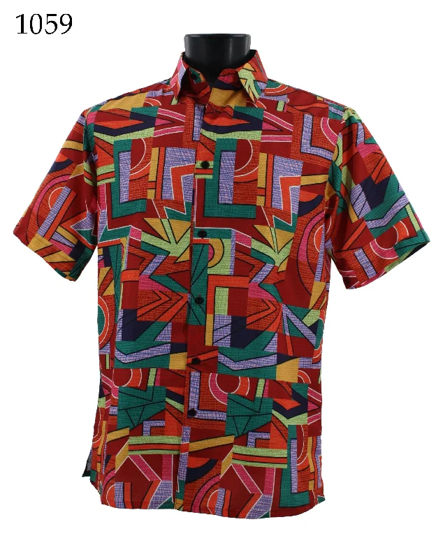 Bassiri Short Sleeve Button Down Casual Printed Men's Shirt - Abstract Pattern Red #1059 Artistic Men's Hand