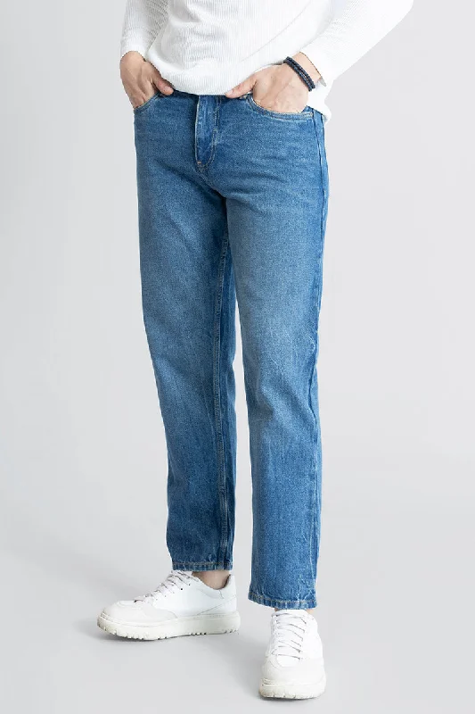 Refined Azure Blue Relaxed Fit Jeans Polished Men's Satin