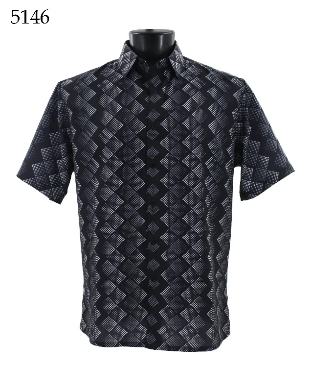 Bassiri Short Sleeve Button Down Casual Printed Men's Shirt - Diamond Pattern Black #5146 Unique Men's Patch