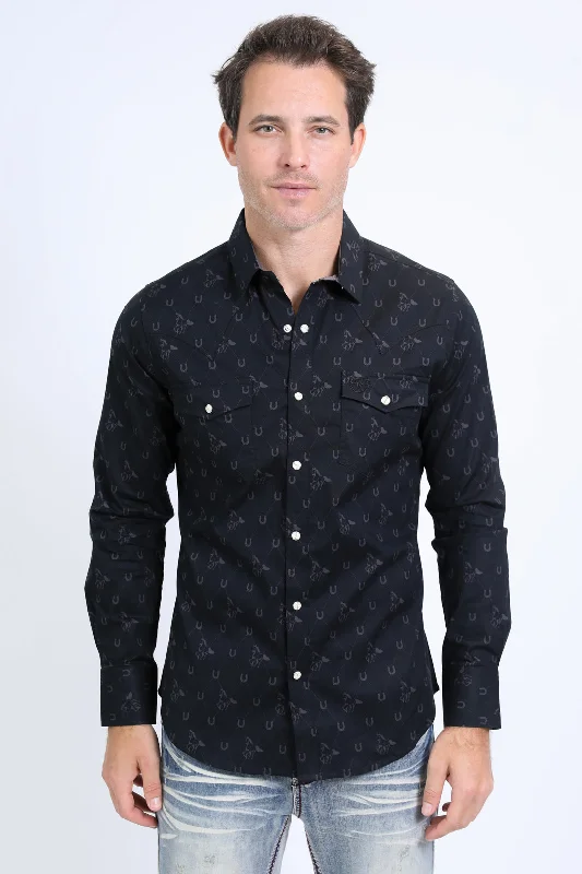 Mens Western Modern Fit Cotton/Spandex Long Sleeve Black Shirt with Snaps Practical Men's Multi