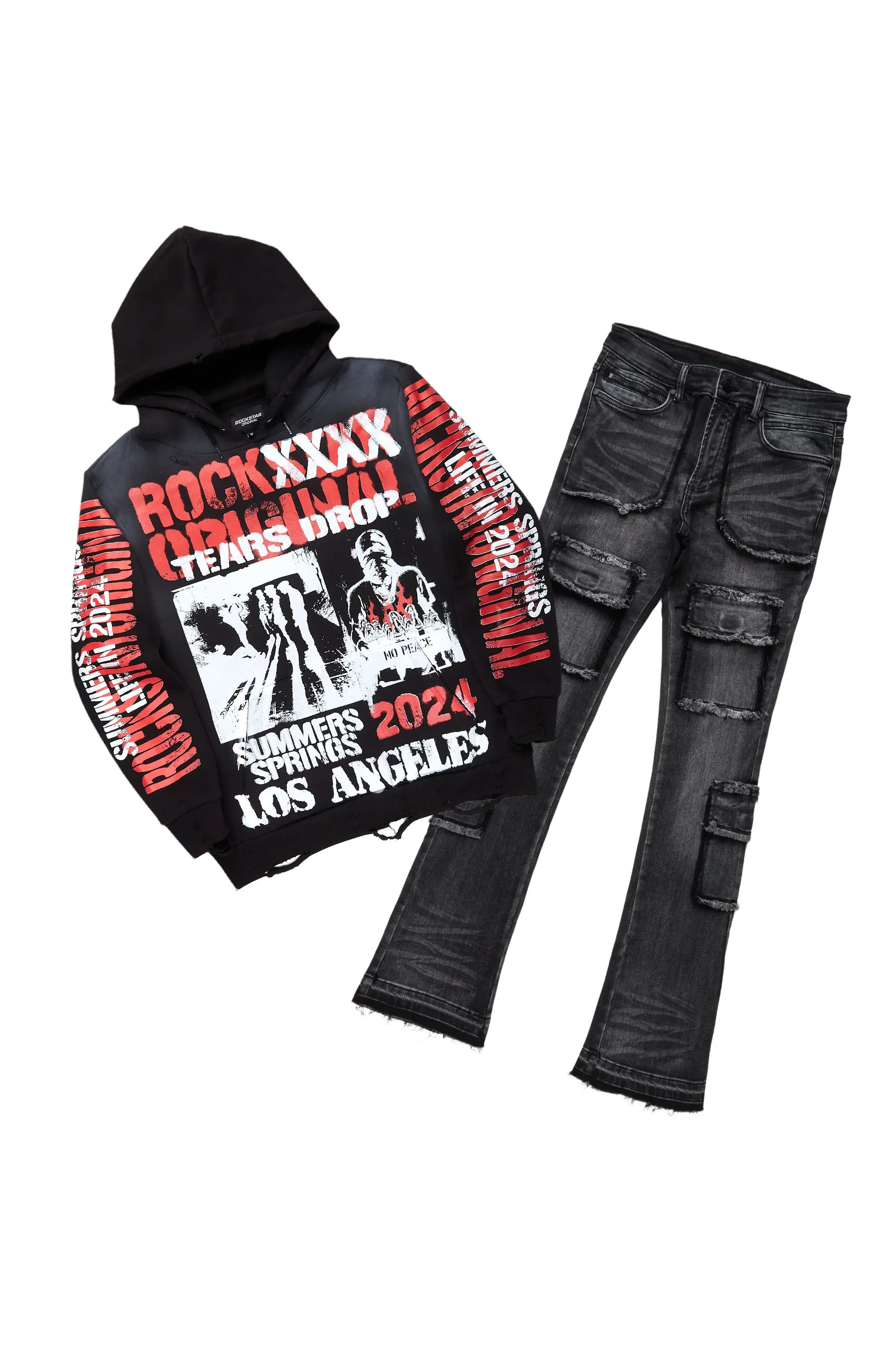 Omer Black Hoodie & Tyrell Stacked Flare Jean Bundle Youthful Men's Pop
