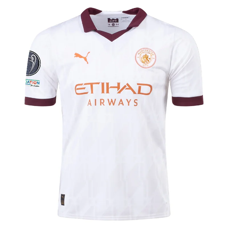 Puma Manchester City Away Jersey w/ Champions League Patches 23/24 (Puma White/Aubergine) Cclassic Men's Tweed