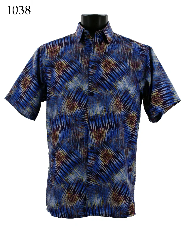 Bassiri Short Sleeve Button Down Casual Printed Men's Shirt - Abstract Pattern Blue #1038 Sporty Men's Athleisure 