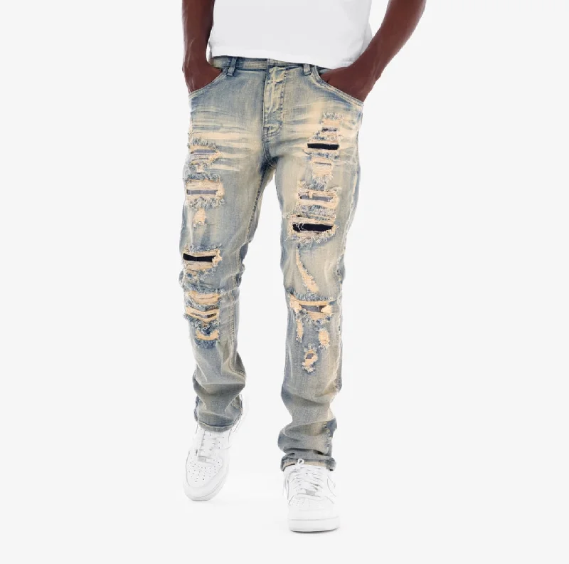 Copper Rivet Washed Ripped Wrinkle Jean (Tint Blue) Refined Men's European