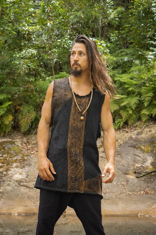 AKAU Tank Top Black Sleeveless Shirt Shipibo Block Printed Handmade Natural Muscle Cotton Shamanic Tribal Festival Ceremony Ritual AJJAYA Sporty Men's Tennis