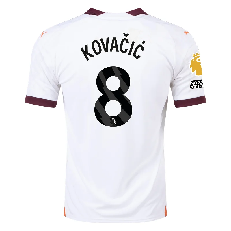 Puma Manchester City Mateo Kovacic Away Jersey w/ EPL + No Room For Racism Patches 23/24 (Puma White/Aubergine) Casual Men's Short Puma Manchester City Mateo Kovacic Away Jersey w/ EPL + No Room For Racism Patches 23/24 (Puma White/Aubergine) Casual Men's Short