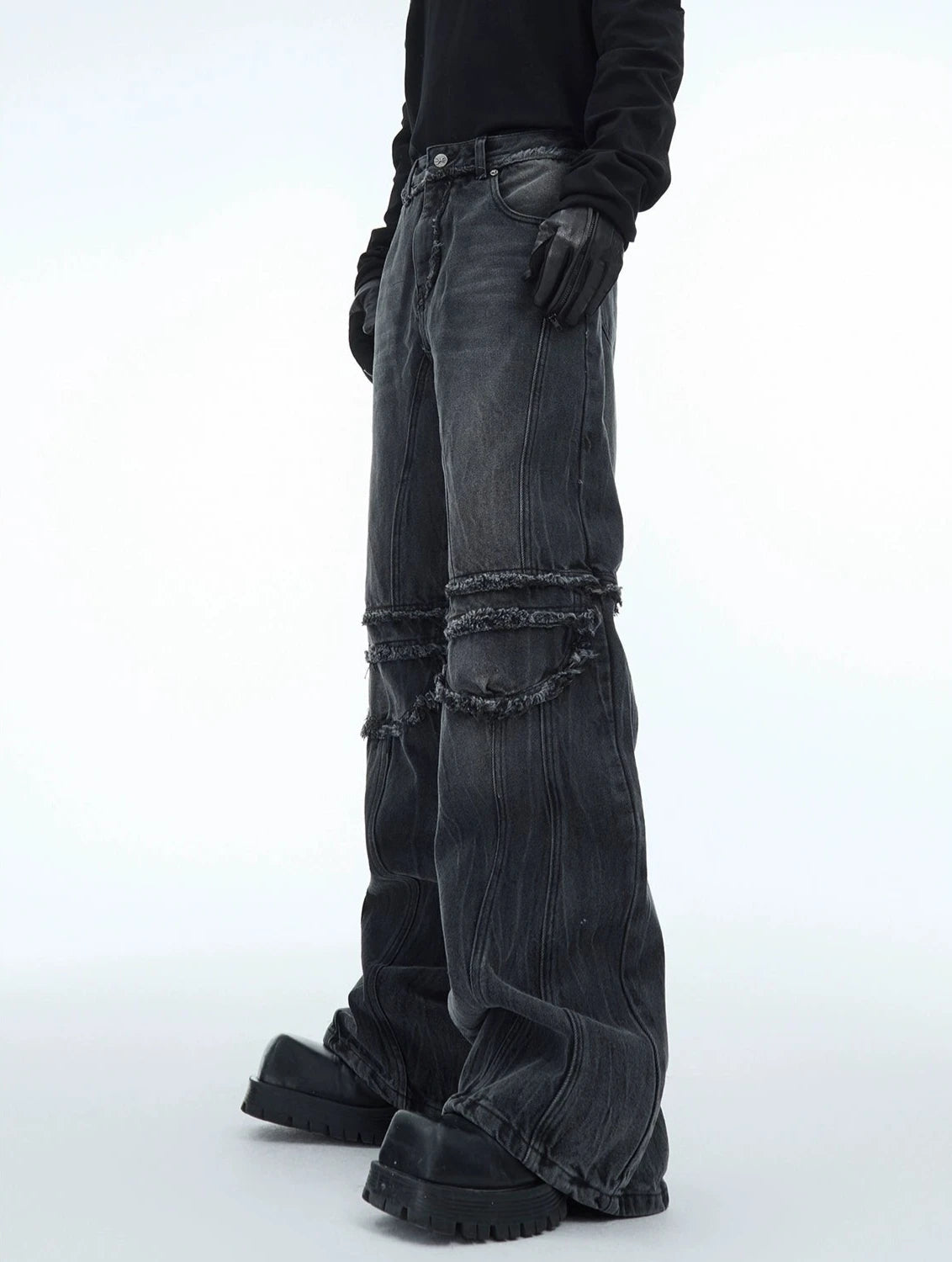Distressed Raw Edge Straight Fit Jeans Casual Men's Loose