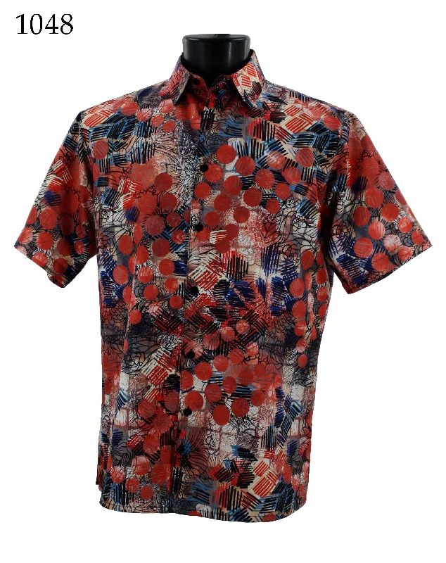 Bassiri Short Sleeve Button Down Casual Printed Men's Shirt - Abstract Pattern Red #1048 Polished Men's Silk