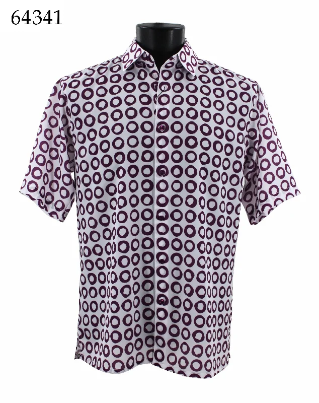 Bassiri Short Sleeve Button Down Casual Printed Men's Shirt - Circle Pattern Purple #64341 Athletic Men's High