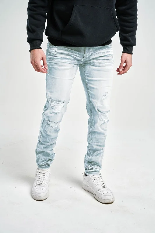 Spark Slim Fit Stretch Jeans with 3D Crinkle & Repair (Light Sand Blast) Casual Men's Short
