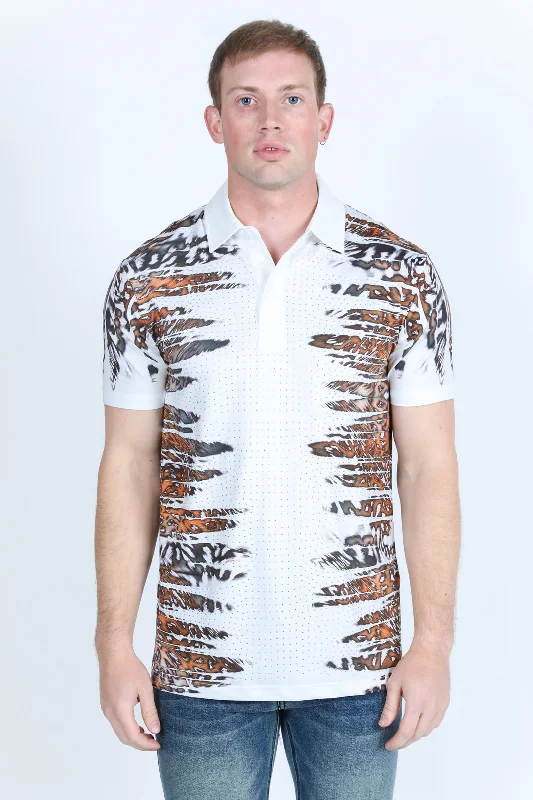 Mens Modern Fit Stretch Baroque Print Polo with Rhinestones Vacation