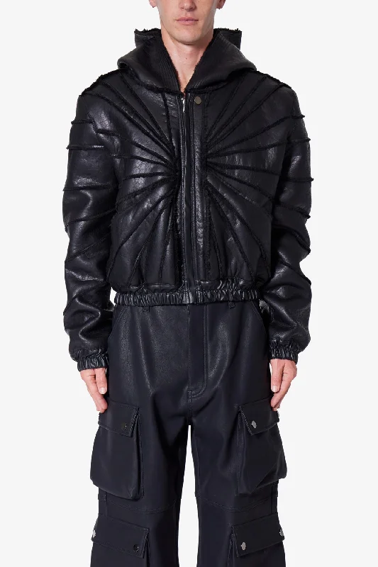 Leather Web Cropped Hoodie - Black Hip Men's Urban
