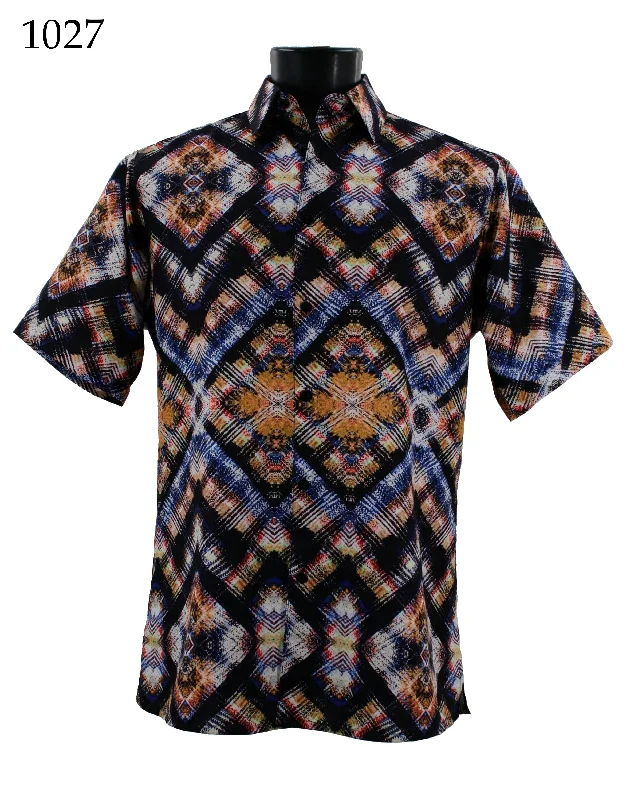 Bassiri Short Sleeve Button Down Casual Printed Men's Shirt - Abstract Pattern Orange #1027 Cozy Men's Winter