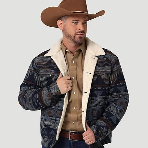 Wrangler Men's Sherpa Lined Jacquard Print Jacket in Pageant Blue Unique Men's Patch