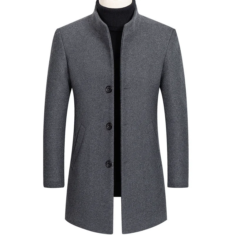 British Men's Thick Stand Collar Wool Blend Coat Hip Men's Urban