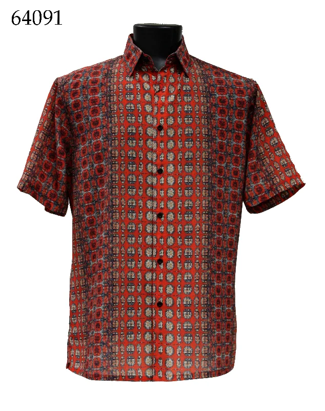 Bassiri Short Sleeve Button Down Casual Printed Men's Shirt - Circle Pattern Red #64091 Unique Men's Upcycled