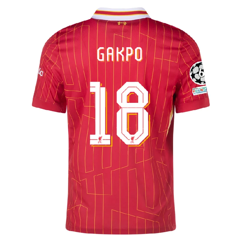 Nike Liverpool Cody Gakpo Home Jersey w/ Champions League Patches 24/25 (Gym Red/Chrome Yellow) Masculine Men's Thick Nike Liverpool Cody Gakpo Home Jersey w/ Champions League Patches 24/25 (Gym Red/Chrome Yellow) Masculine Men's Thick