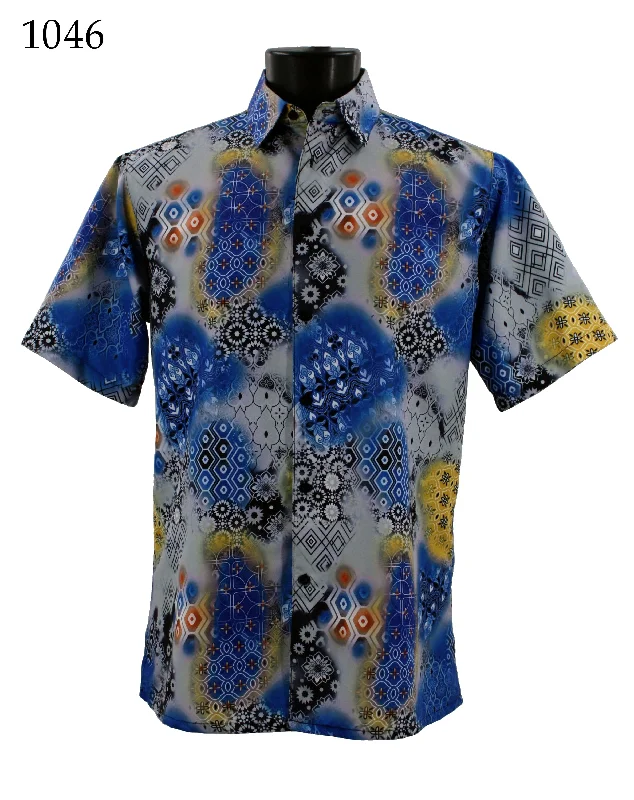 Bassiri Short Sleeve Button Down Casual Printed Men's Shirt - Abstract Pattern Blue #1046 Sleek Men's Contemporary 