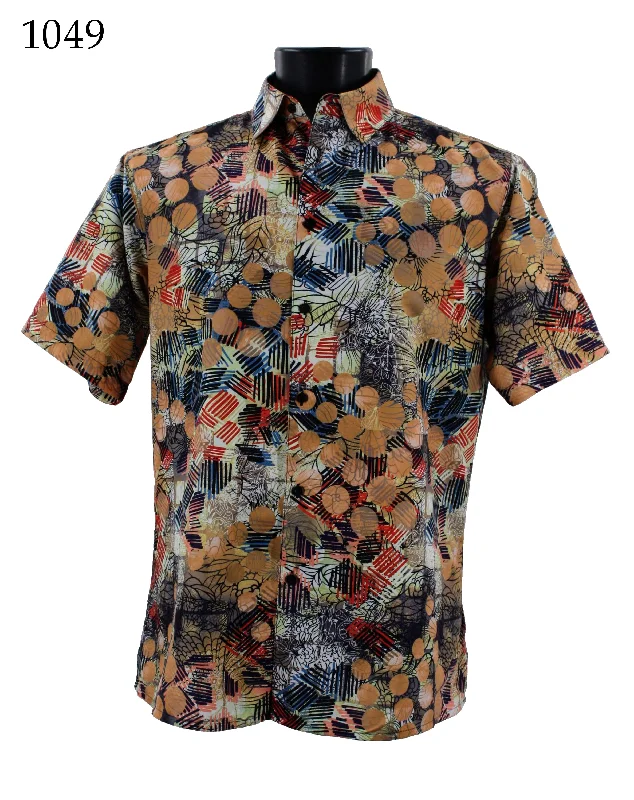 Bassiri Short Sleeve Button Down Casual Printed Men's Shirt - Abstract Pattern Tan #1049 Dapper Men's 1920S