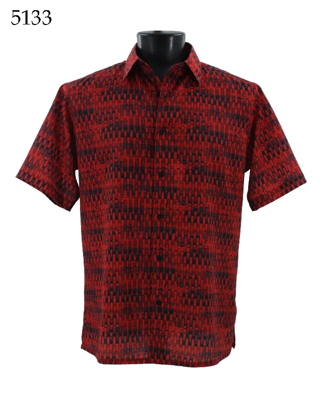 Bassiri Short Sleeve Button Down Casual Printed Men's Shirt - Abstract Pattern Red #5133 Elegant Men's Formal 