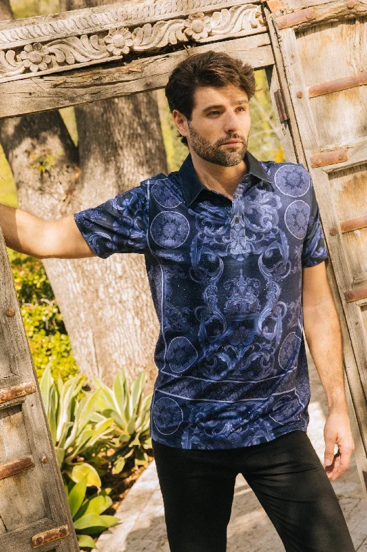 Mens Modern Fit Stretch Baroque Print Polo with Rhinestones Streetwear Style