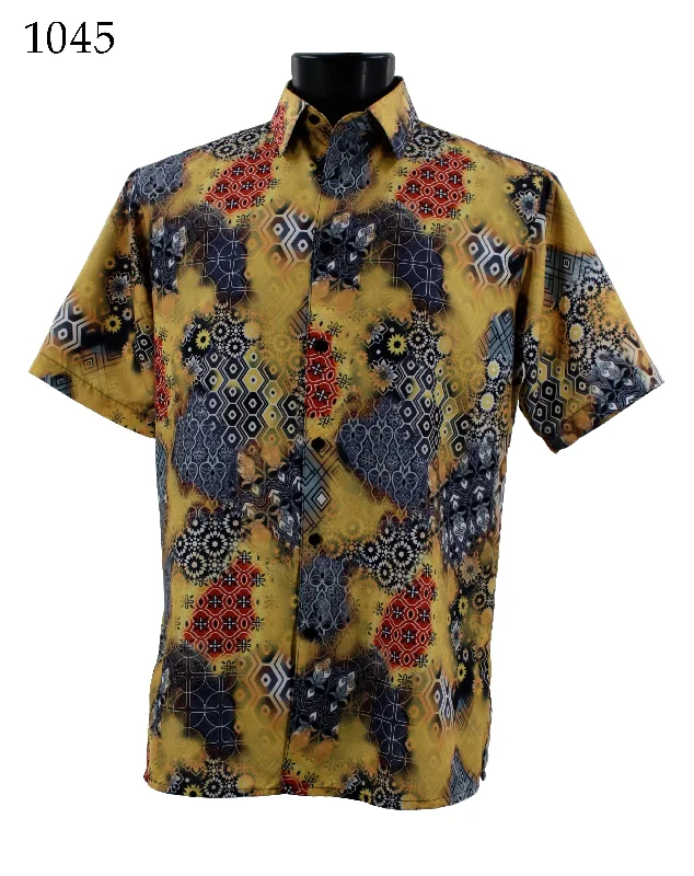 Bassiri Short Sleeve Button Down Casual Printed Men's Shirt - Abstract Pattern Yellow #1045 Modern Men's Geometric