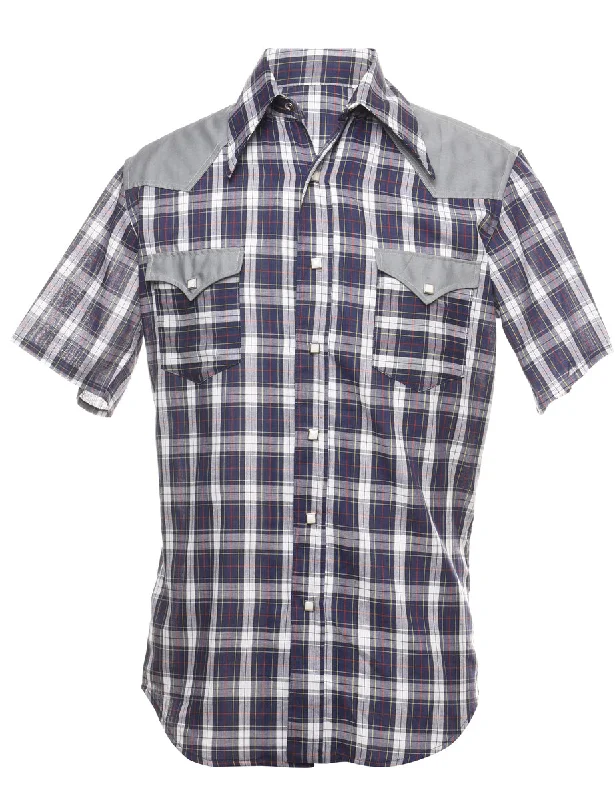 Navy Short Sleeve Western Checked Shirt - L Polished Men's Silk