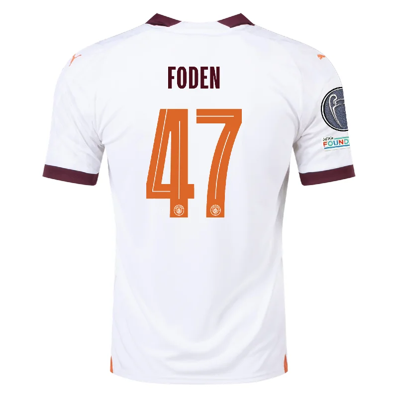 Puma Manchester City Phil Foden Away Jersey w/ Champions League Patches 23/24 (Puma White/Aubergine) Refined Men's Hand Puma Manchester City Phil Foden Away Jersey w/ Champions League Patches 23/24 (Puma White/Aubergine) Refined Men's Hand