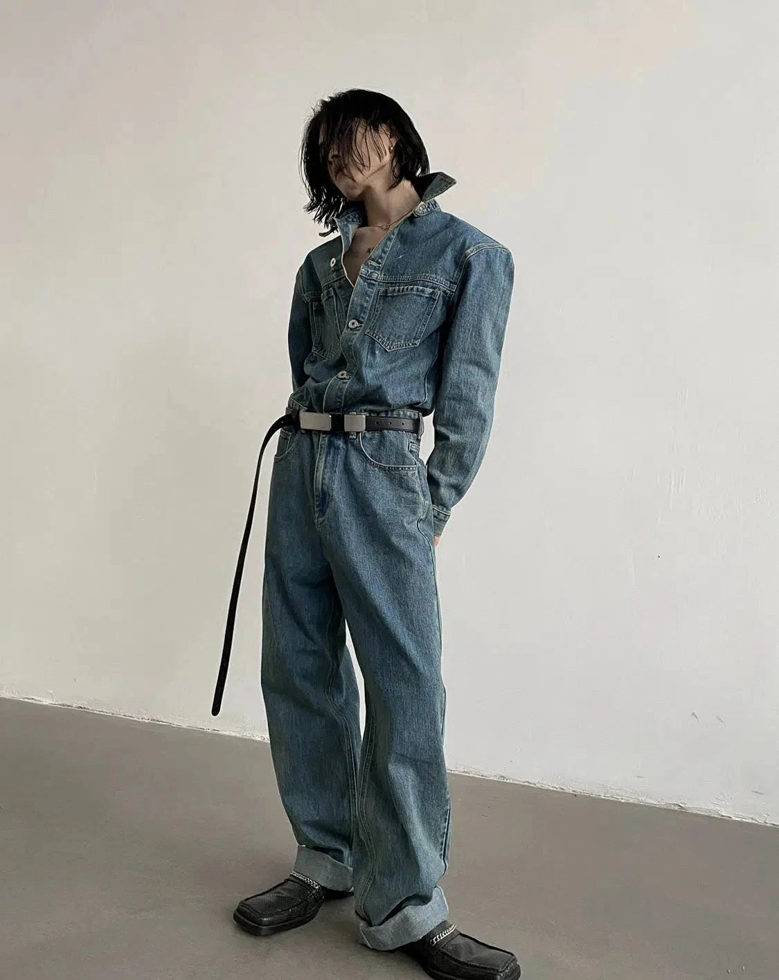 Blue Long-sleeved Denim Jumpsuit Laid