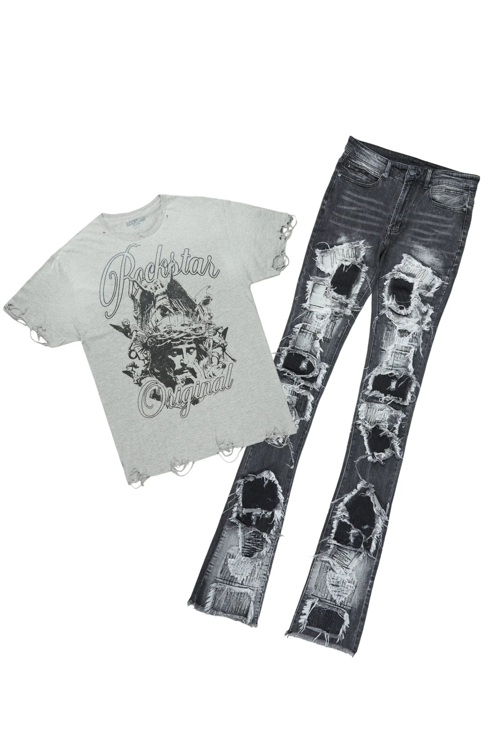 Finna Grey T-Shirt & Camden Super Stacked Flare Jean Bundle Confident Men's High