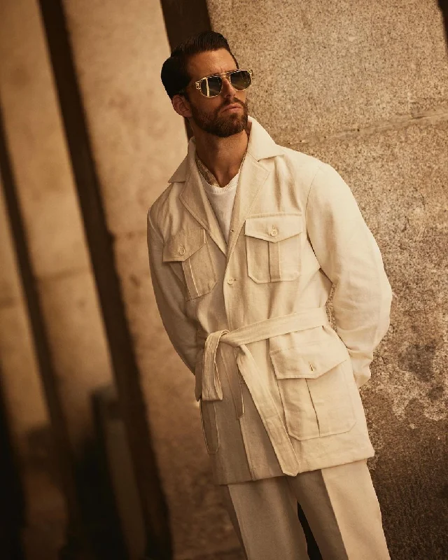 Safari Jacket in Linen Cotton Canvas Off White Athletic Men's High
