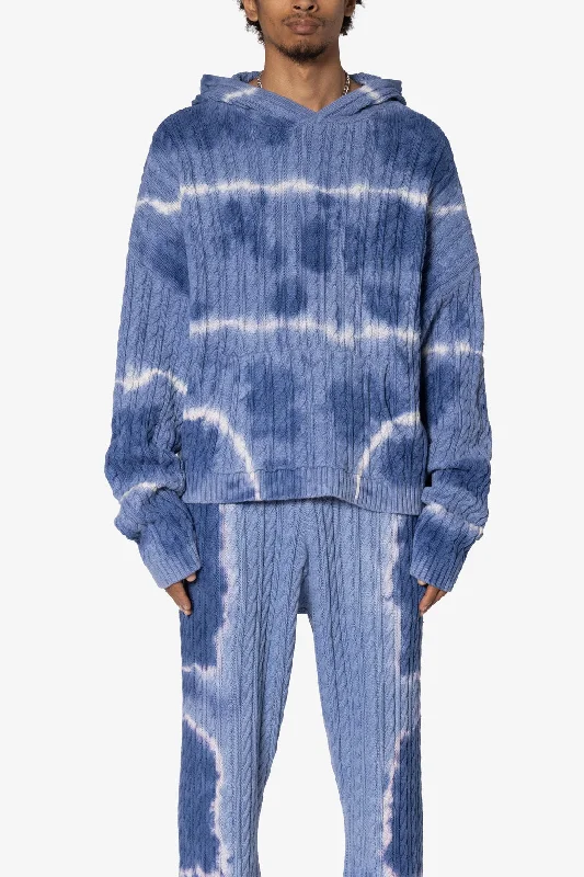 Tie Dye Cable Knit Hoodie - Blue Laid