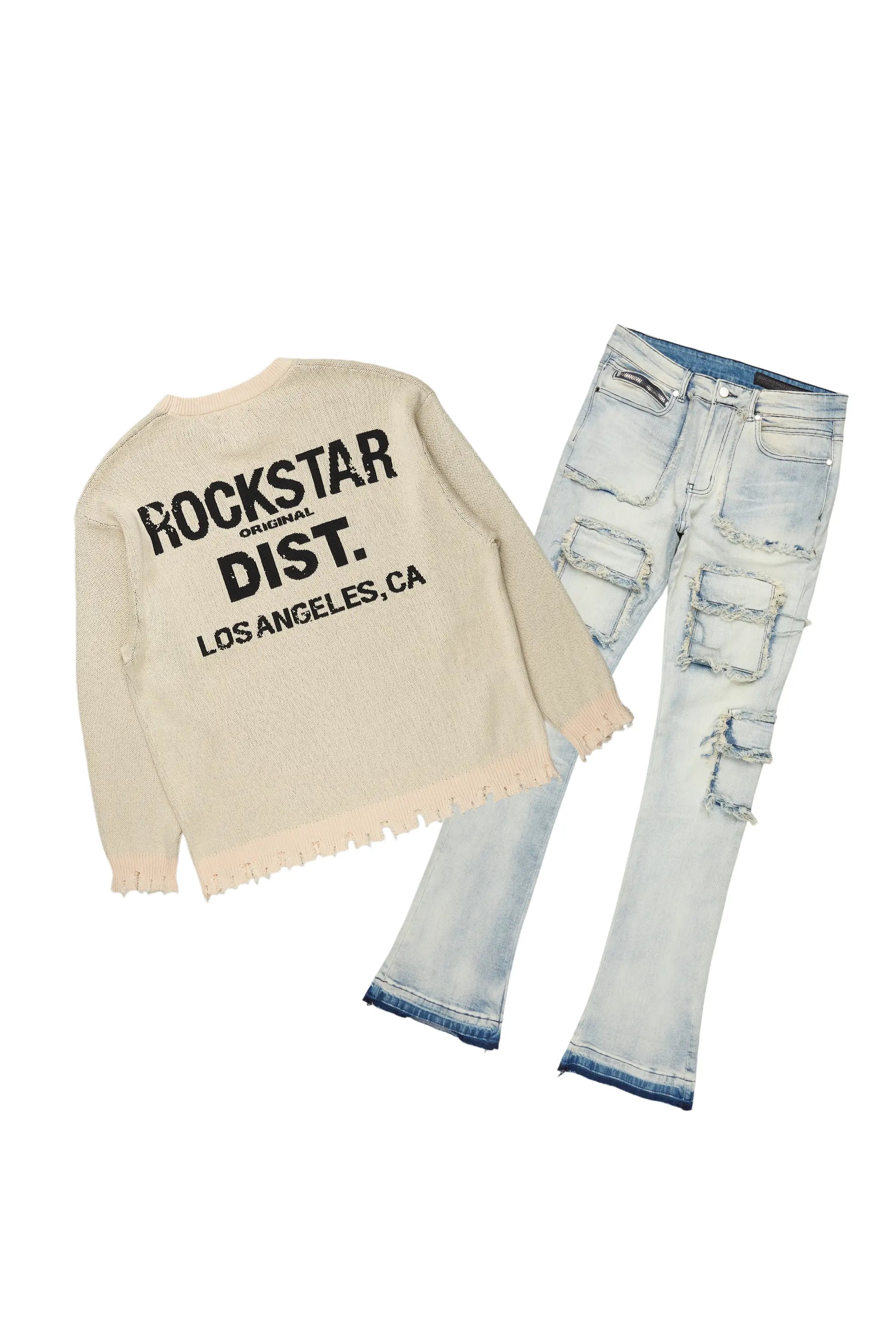 Lake Beige Knit Sweater & Tyrell Stacked Flare Jean Bundle Casual Men's Japanese 