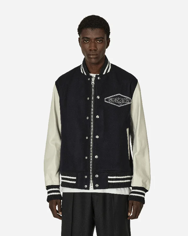 Gonz Wool Melton x Leather Jacket Navy / Off White Monochromatic Office Style