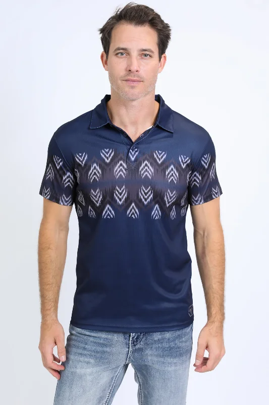 Men's Performance Fabric Aztec Panoramic Print Navy Polo Sporty Men's Athleisure 