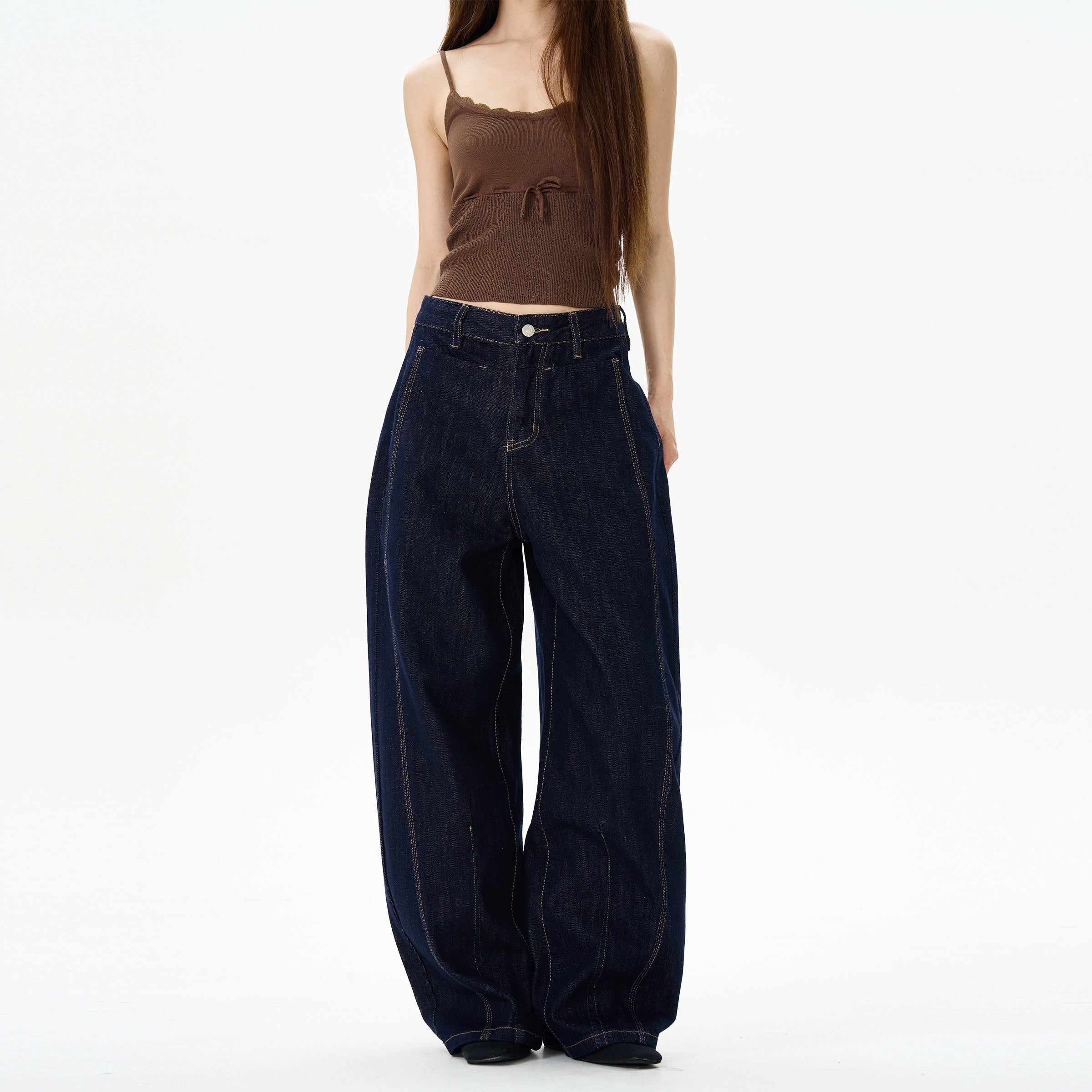 Dark Blue Wide-leg Jeans Confident Men's High