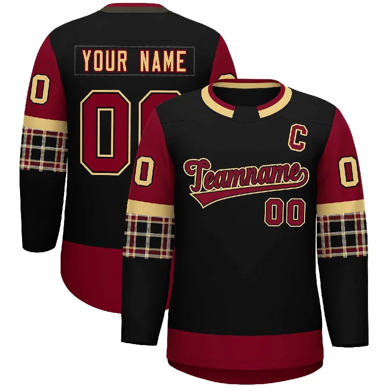 Custom Black Crimson Personalized Raglan Sleeves Round-Neck Hockey Jersey Bold Men's Statement Custom Black Crimson Personalized Raglan Sleeves Round-Neck Hockey Jersey Bold Men's Statement