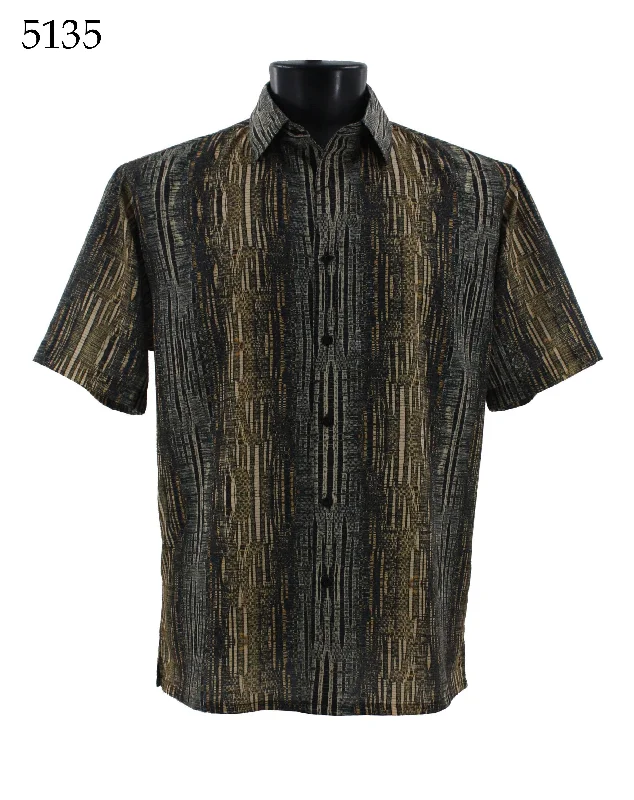 Bassiri Short Sleeve Button Down Casual Printed Men's Shirt - Abstract Pattern Olive #5135 Youthful Men's Pop