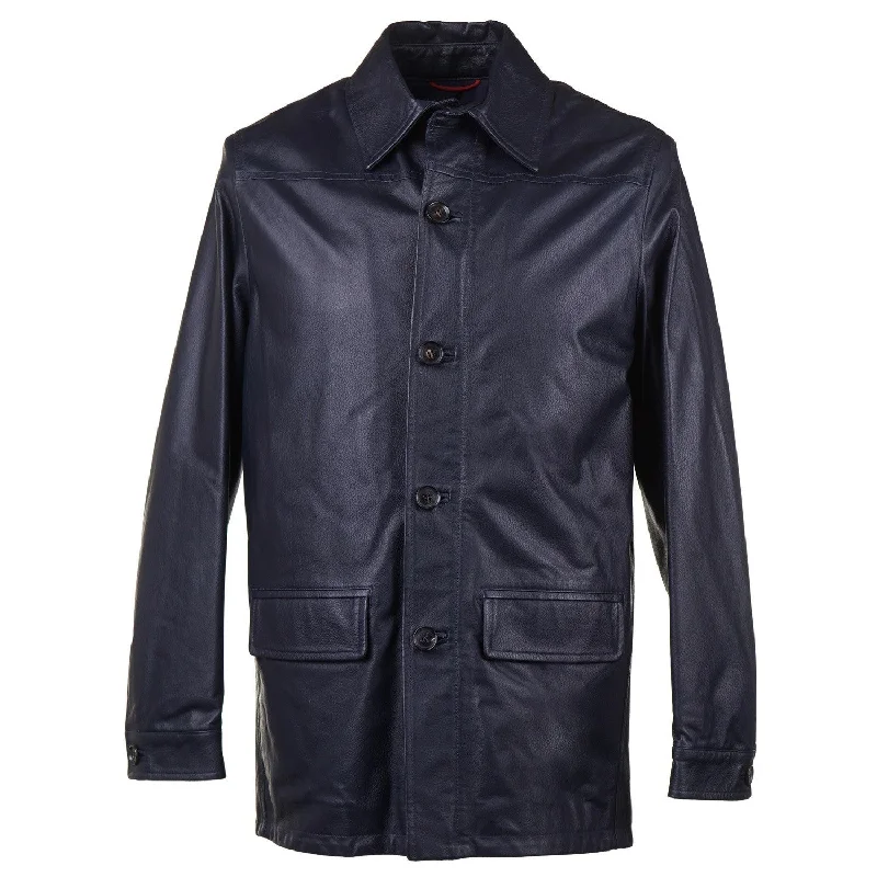 Isaia Leather Utility Jacket in Navy Blue Sporty Men's Athleisure 