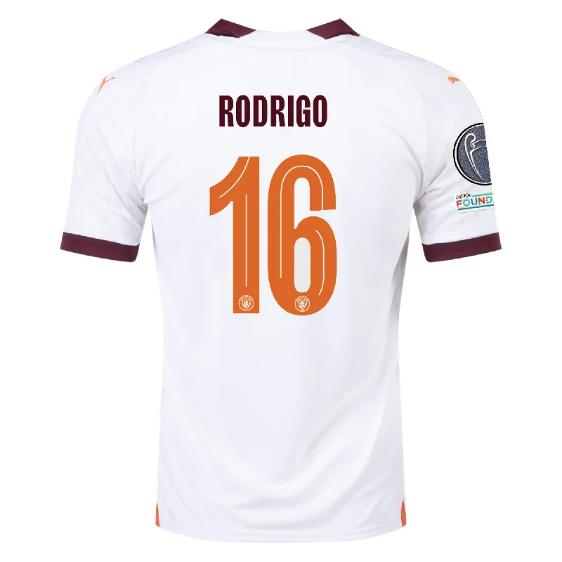 Puma Manchester City Rodrigo Away Jersey w/ Champions League Patches 23/24 (Puma White/Aubergine) Modern Men's Tech Puma Manchester City Rodrigo Away Jersey w/ Champions League Patches 23/24 (Puma White/Aubergine) Modern Men's Tech