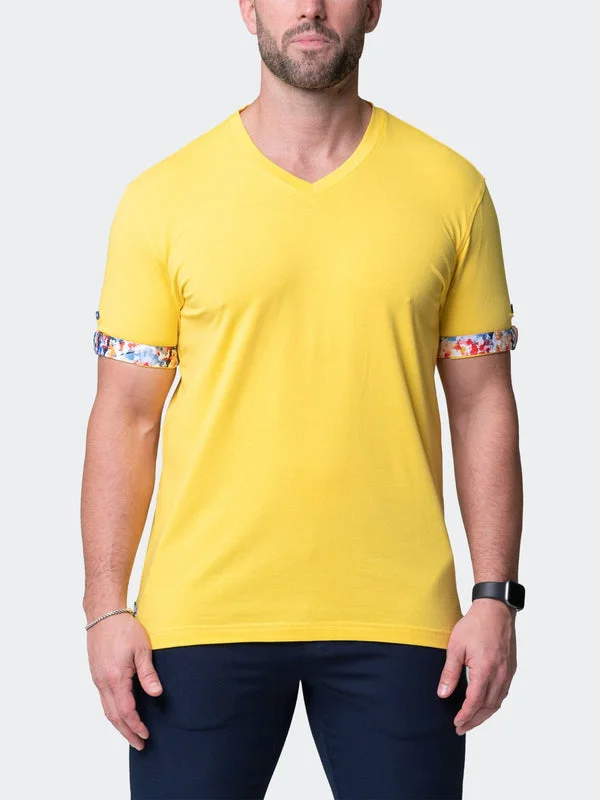 Maceoo Stretch Short-Sleeve Tshirts | V-Neck VivaldiSolidSplash Yellow Casual Men's Short