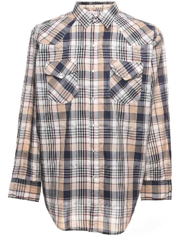 Long-Sleeved Beige & Navy Checked Shirt - L Stylish Men's Neon