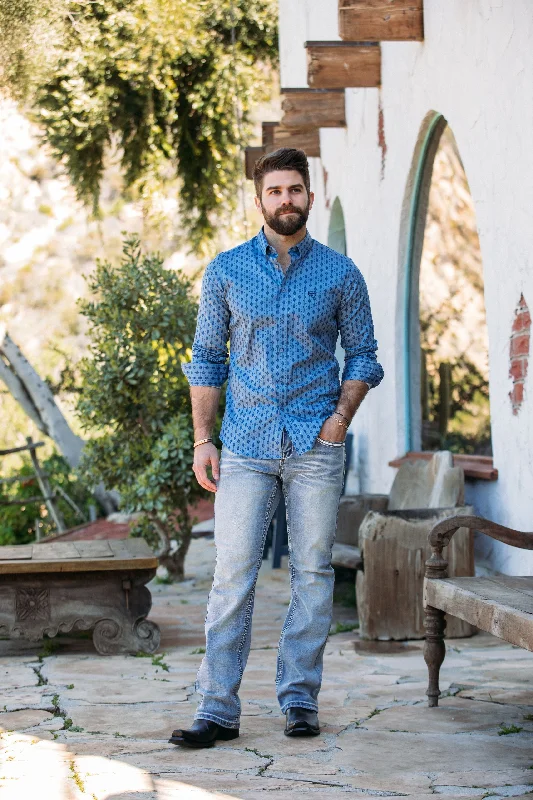 Men's Cotton Blue Aztec Digital Print Dress Shirt Hip Men's Retro