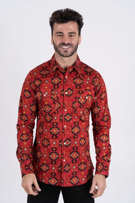 Cotton Aztec Print Dress Shirt - Burgundy Cool Men's Skate